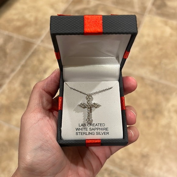 NWT Sterling Silver Lab Created White Sapphire Cross Necklace - Picture 3 of 5